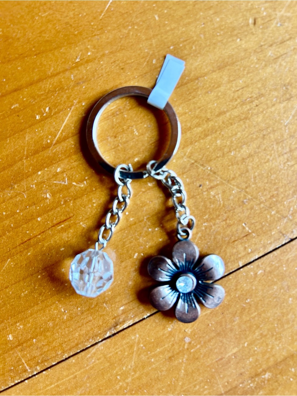 Metal Flower Charm Keychain with Faceted Crystal Accent - Bronze & Clear